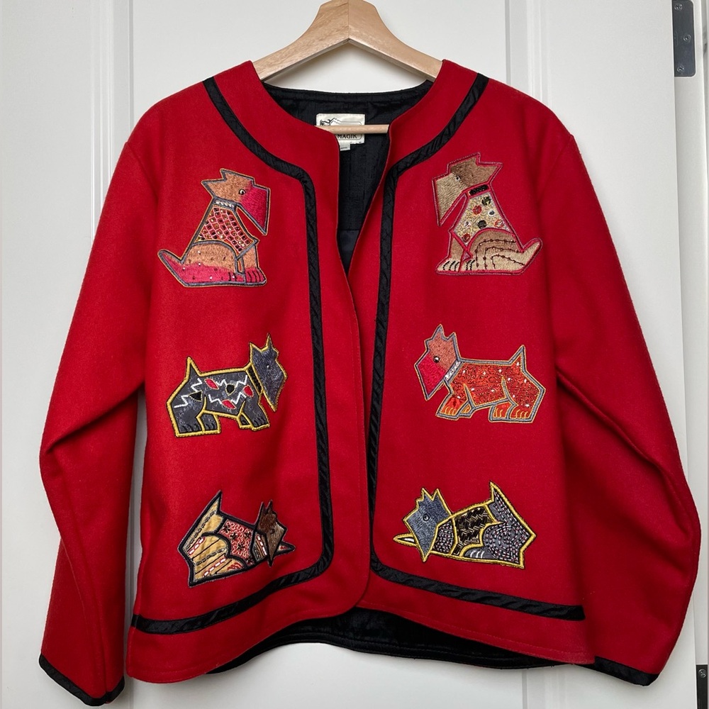 Vtg Yak Magik Red Wool/Silk Jacket with Beaded Dog Motifs, Sz M